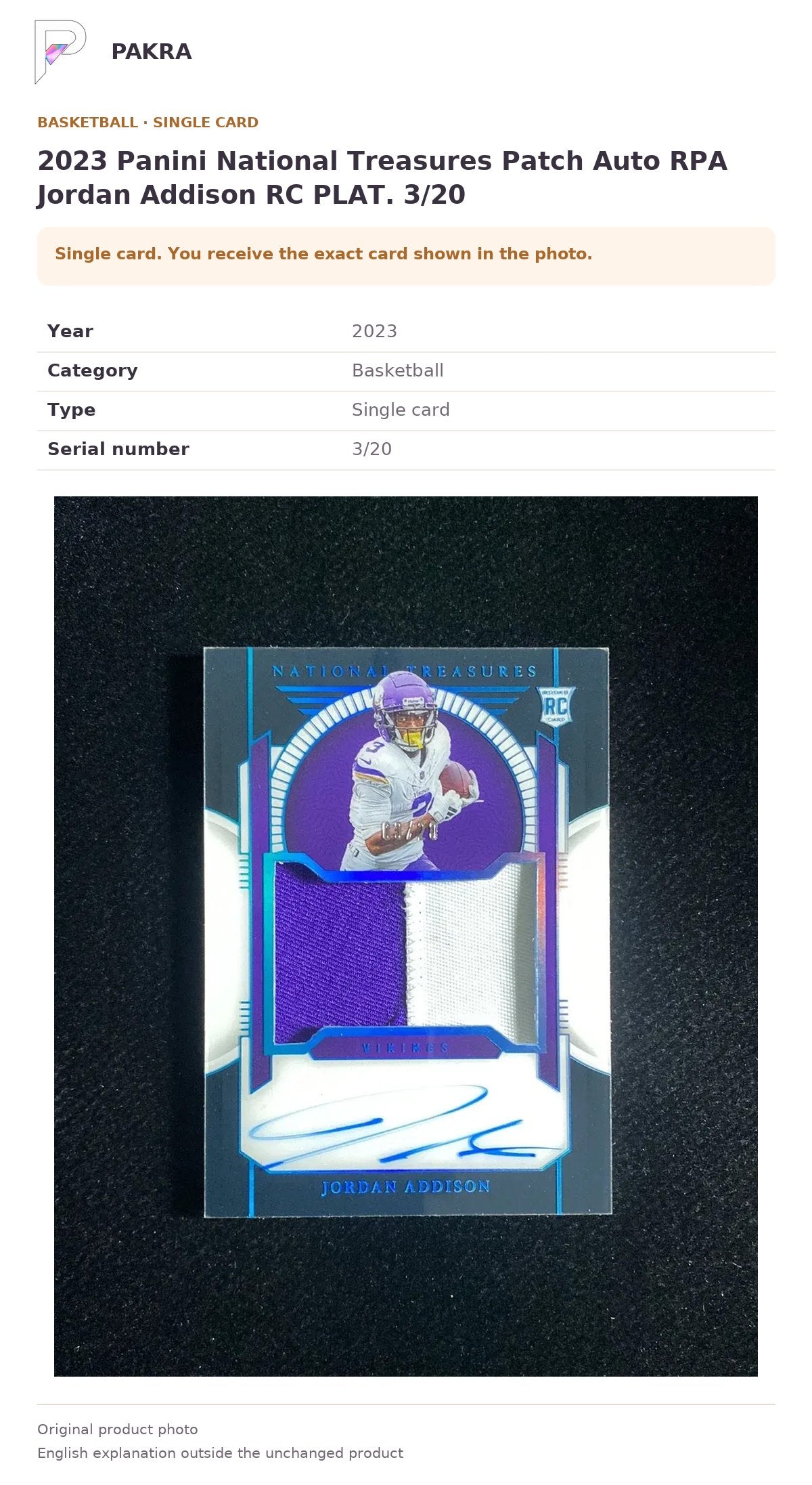 Item details and original photo for 2023 Panini National Treasures Patch Auto RPA Jordan Addison RC PLAT. 3/20.