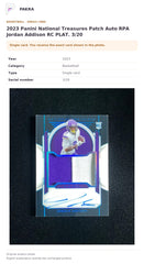 Item details and original photo for 2023 Panini National Treasures Patch Auto RPA Jordan Addison RC PLAT. 3/20.