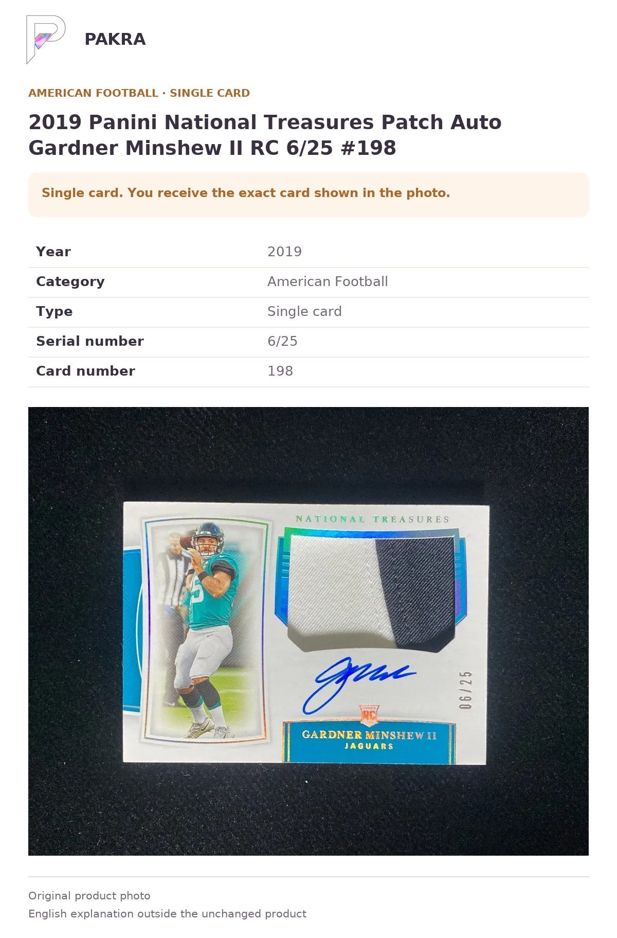 Item details and original photo for 2019 Panini National Treasures Patch Auto Gardner Minshew II RC 6/25 #198.