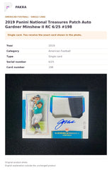 Item details and original photo for 2019 Panini National Treasures Patch Auto Gardner Minshew II RC 6/25 #198.
