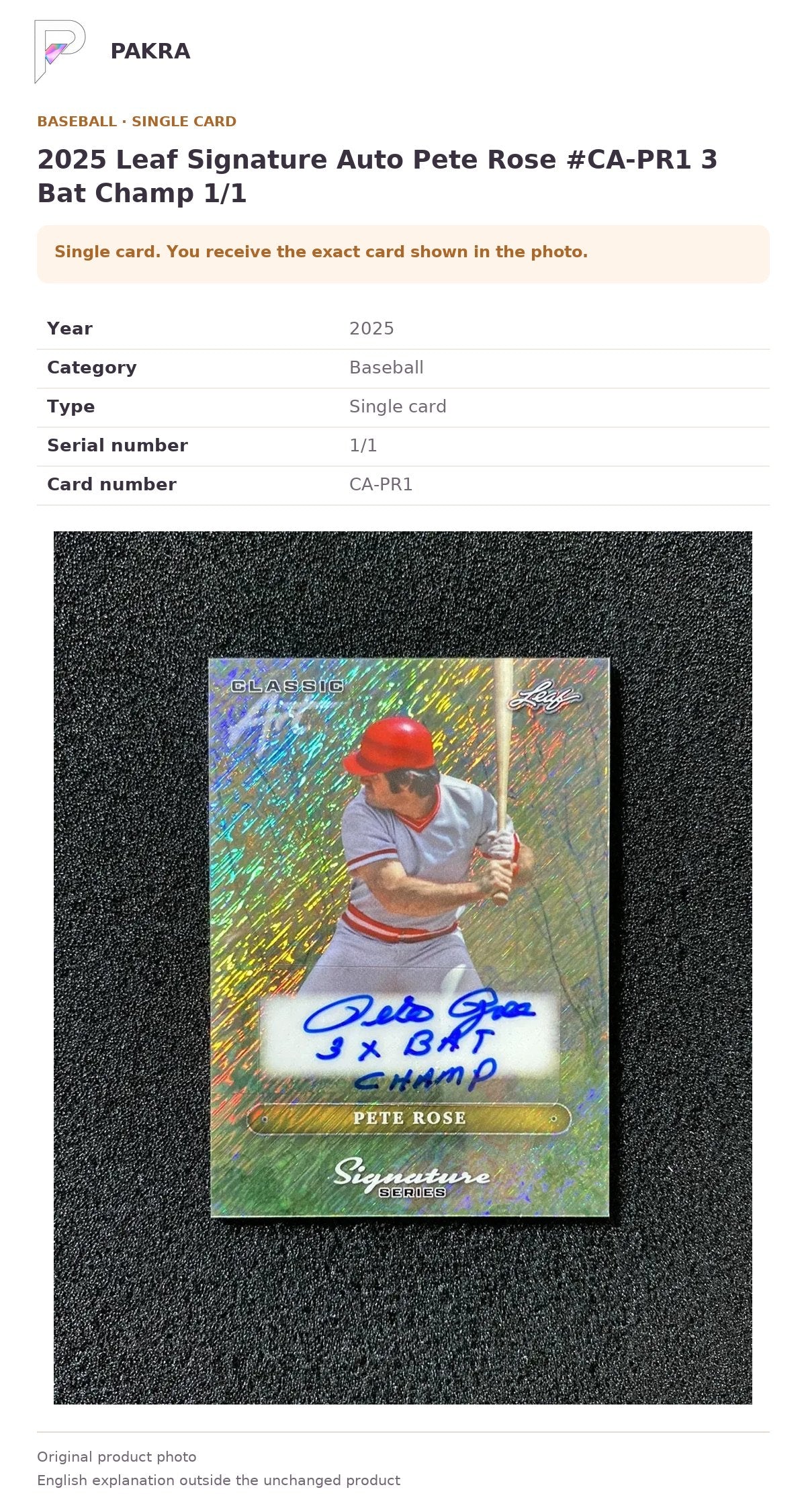Item details and original photo for 2025 Leaf Signature Auto Pete Rose #CA-PR1 3 Bat Champ 1/1.