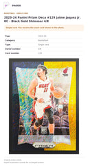 Item details and original photo for 2023-24 Panini Prizm Deca #129 Jaime Jaquez Jr. RC - Black Gold Shimmer 4/8.