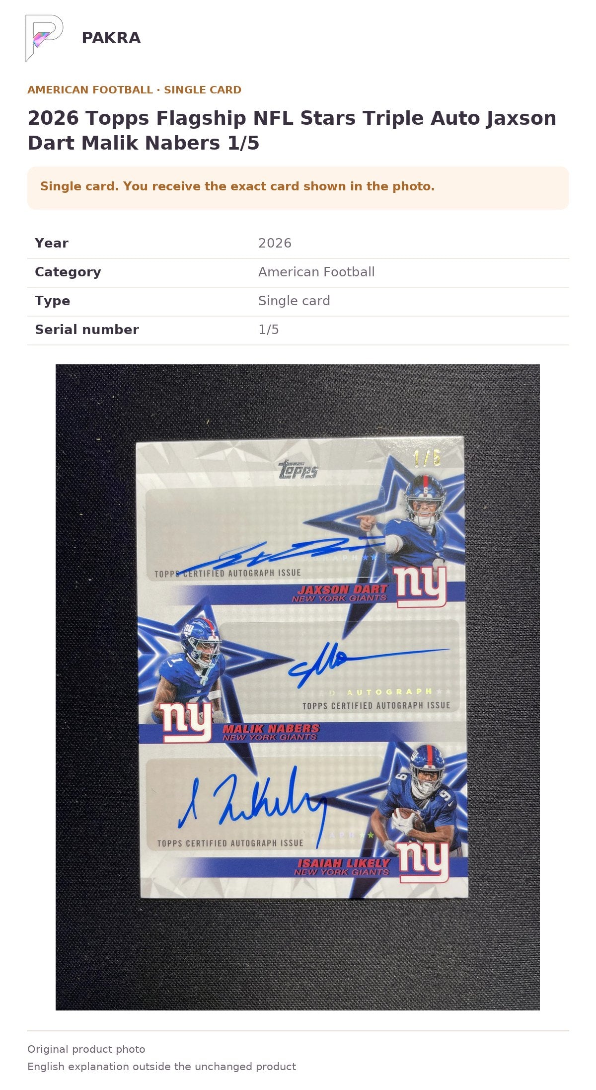 Item details and original photo for 2026 Topps Flagship NFL Stars Triple Auto Jaxson Dart Malik Nabers 1/5.