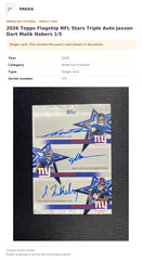 Item details and original photo for 2026 Topps Flagship NFL Stars Triple Auto Jaxson Dart Malik Nabers 1/5.