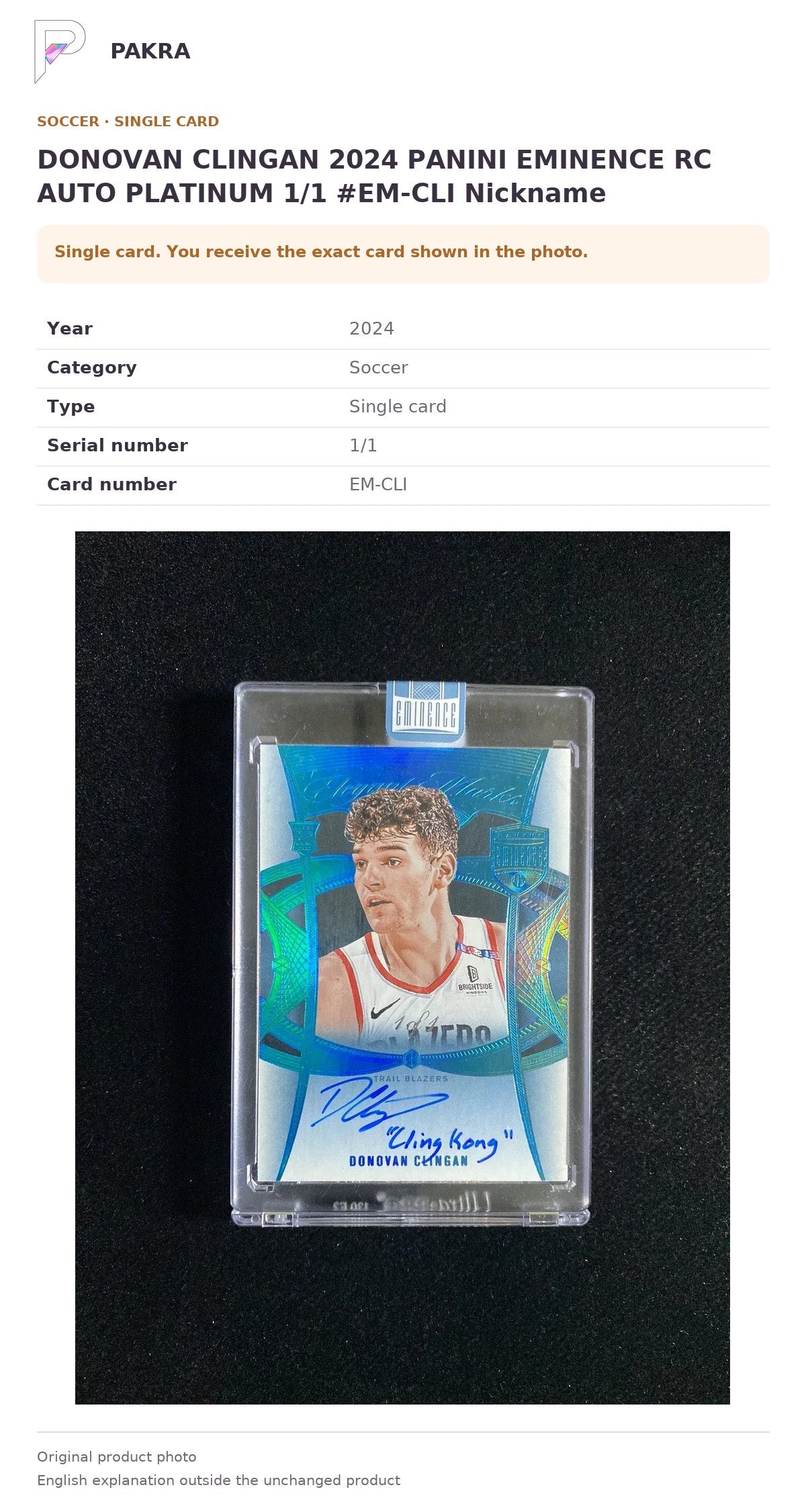Item details and original photo for DONOVAN CLINGAN 2024 PANINI EMINENCE RC AUTO PLATINUM 1/1 #EM-CLI Nickname.