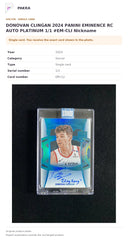 Item details and original photo for DONOVAN CLINGAN 2024 PANINI EMINENCE RC AUTO PLATINUM 1/1 #EM-CLI Nickname.