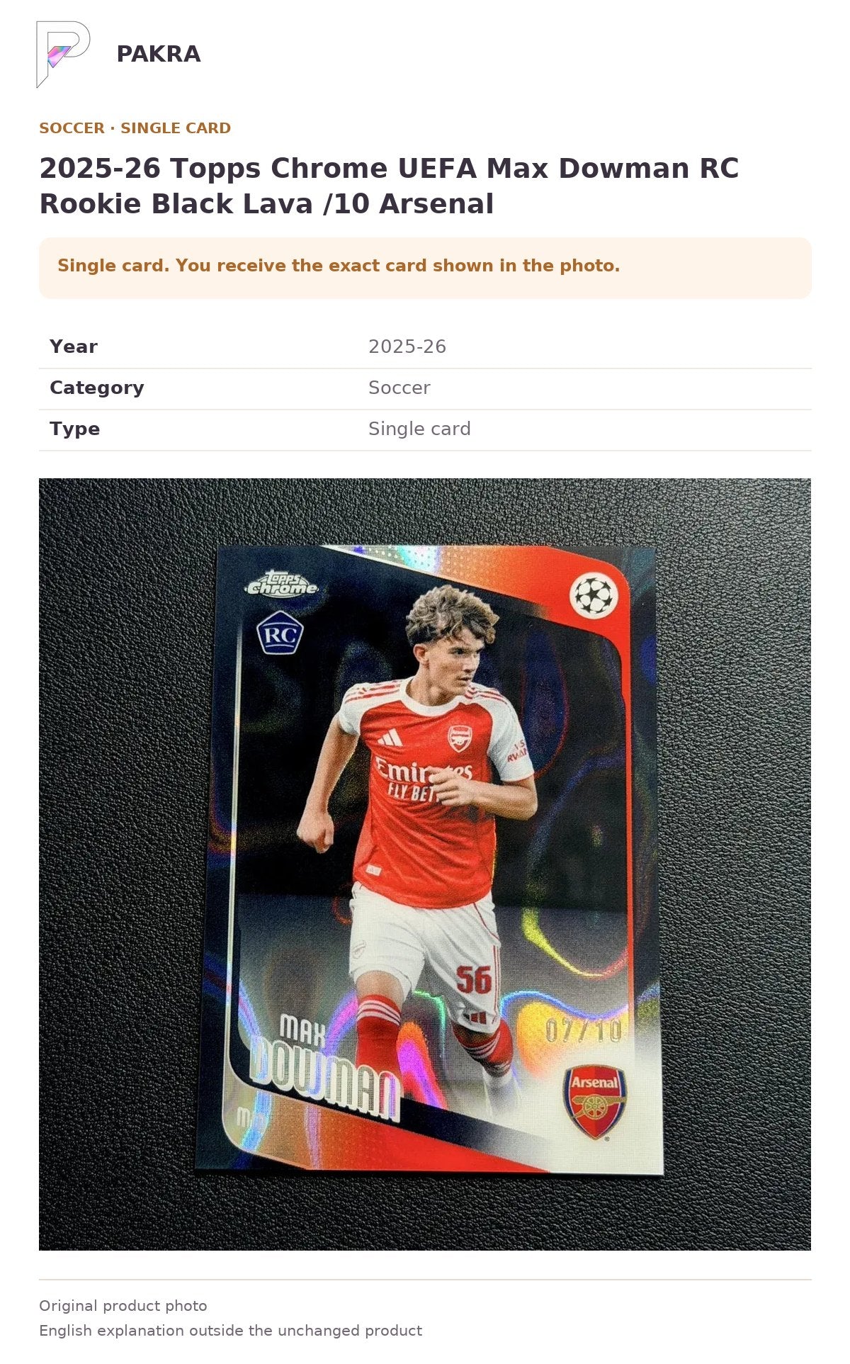 Item details and original photo for 2025-26 Topps Chrome UEFA Max Dowman RC Rookie Black Lava /10 Arsenal.