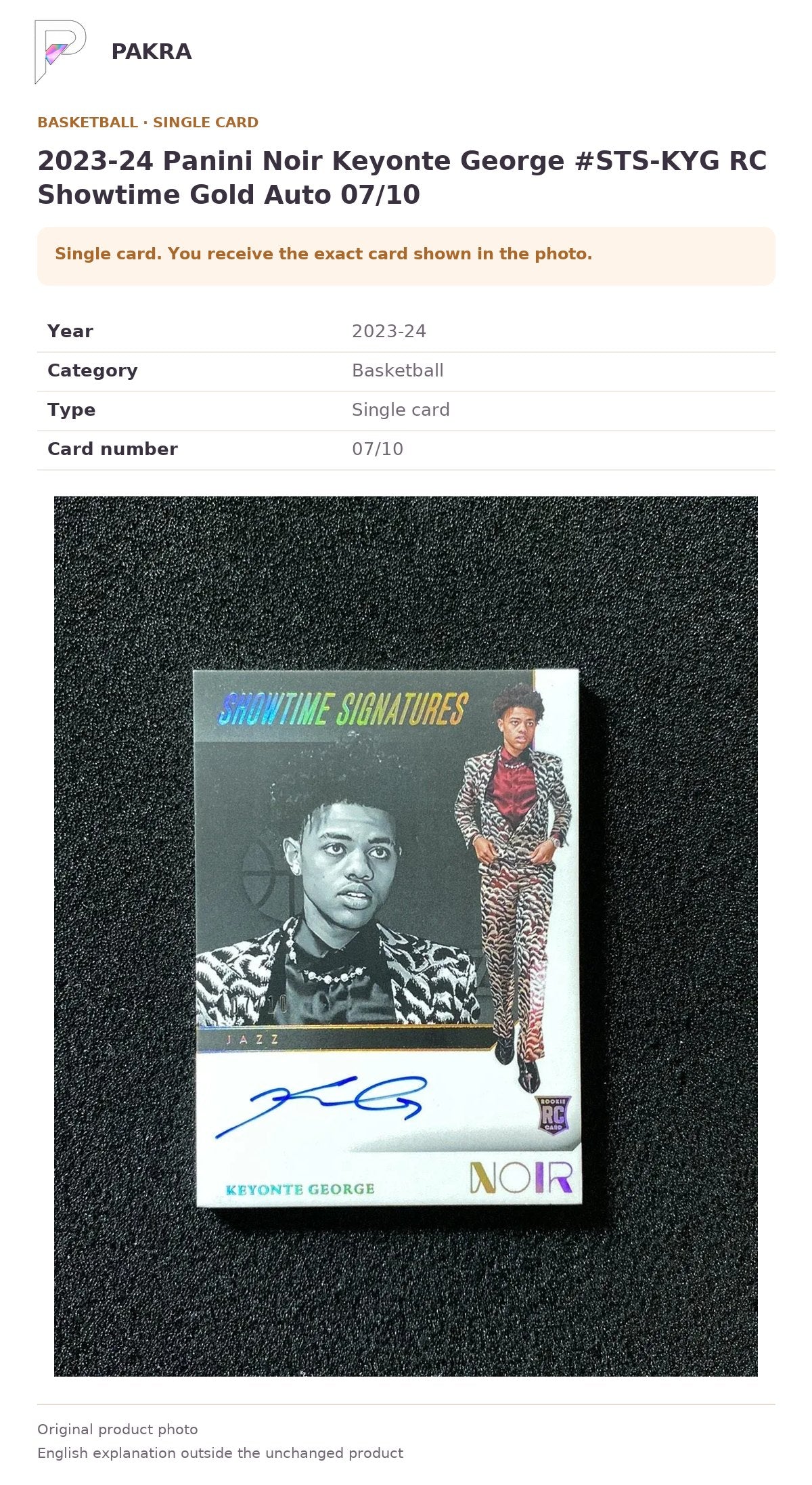 Item details and original photo for 2023-24 Panini Noir Keyonte George #STS-KYG RC Showtime Gold Auto 07/10.