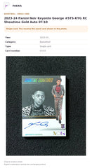 Item details and original photo for 2023-24 Panini Noir Keyonte George #STS-KYG RC Showtime Gold Auto 07/10.