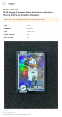 Item details and original photo for 2026 Topps Chrome Black Refractor #44 Max Muncy 4/10 Los Angeles Dodgers.