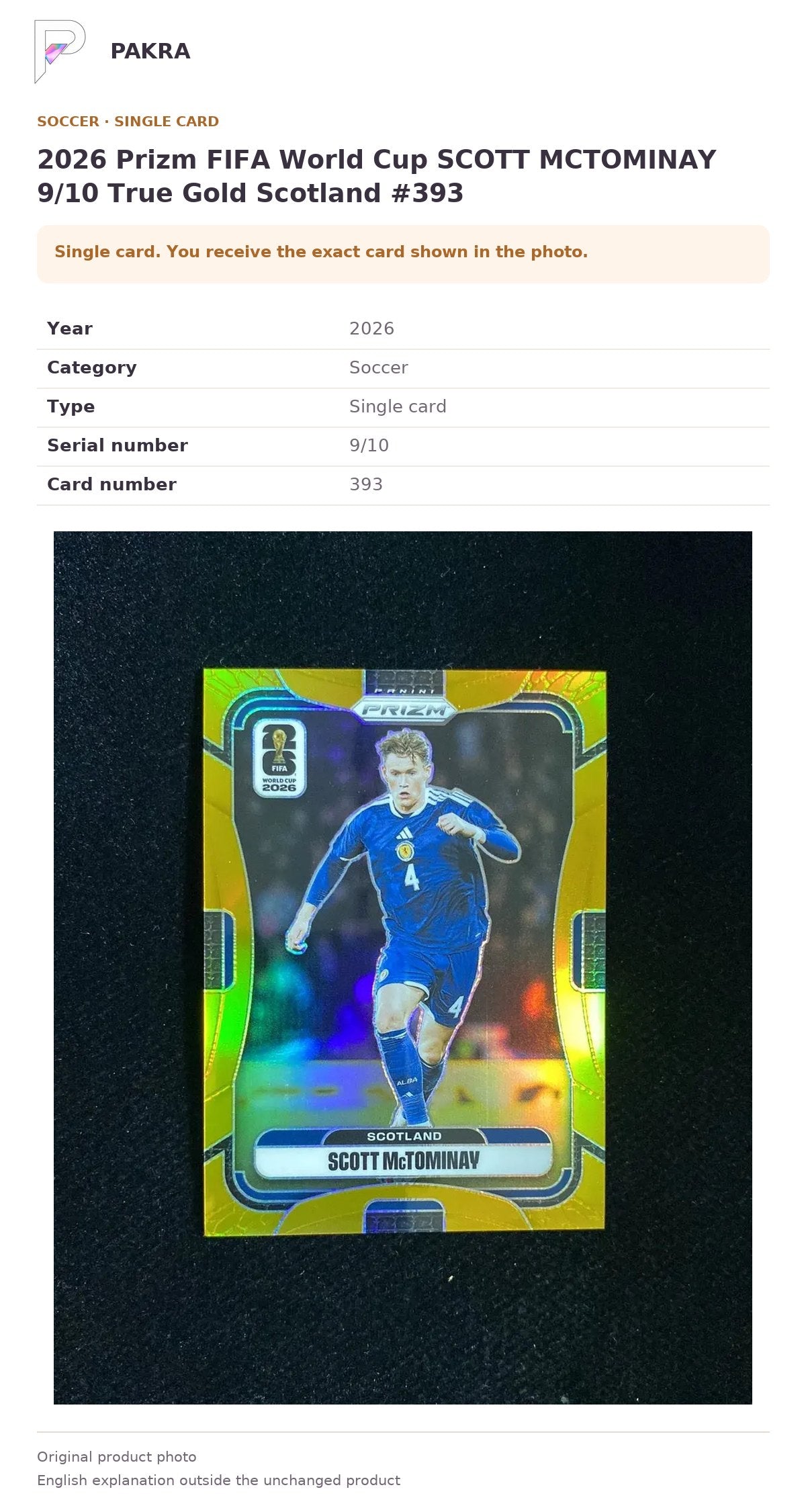 Item details and original photo for 2026 Prizm FIFA World Cup SCOTT MCTOMINAY 9/10 True Gold Scotland #393.