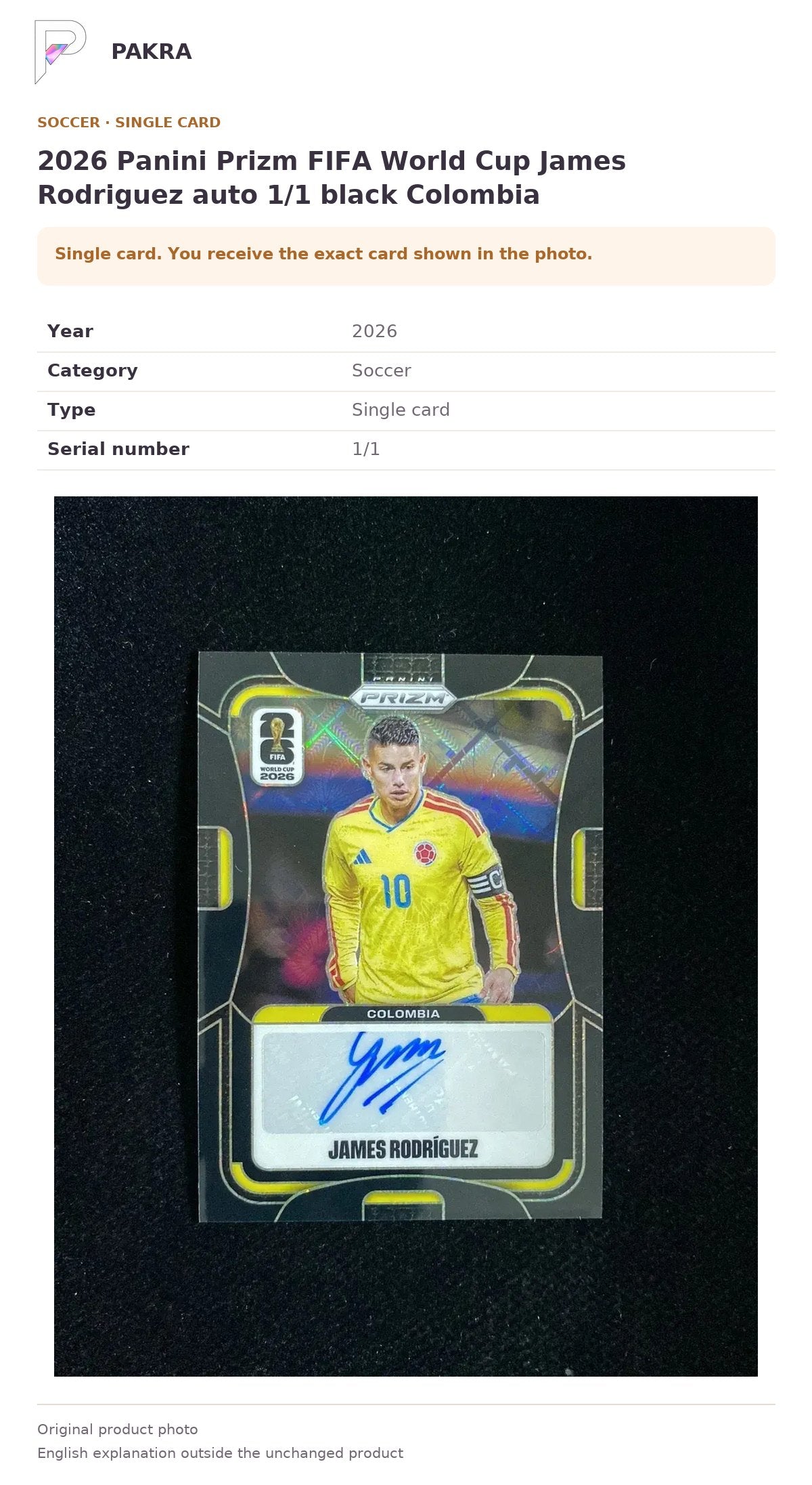 Item details and original photo for 2026 Panini Prizm FIFA World Cup James Rodriguez auto 1/1 black Colombia.