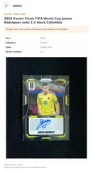 Item details and original photo for 2026 Panini Prizm FIFA World Cup James Rodriguez auto 1/1 black Colombia.