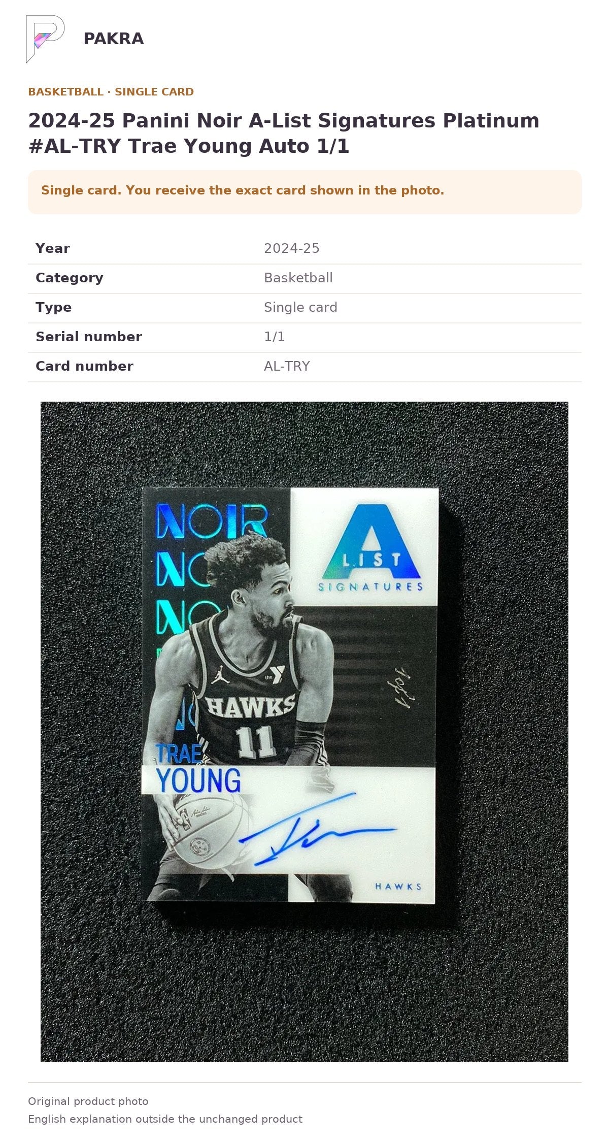 Item details and original photo for 2024-25 Panini Noir A-List Signatures Platinum #AL-TRY Trae Young Auto 1/1.