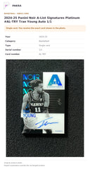Item details and original photo for 2024-25 Panini Noir A-List Signatures Platinum #AL-TRY Trae Young Auto 1/1.