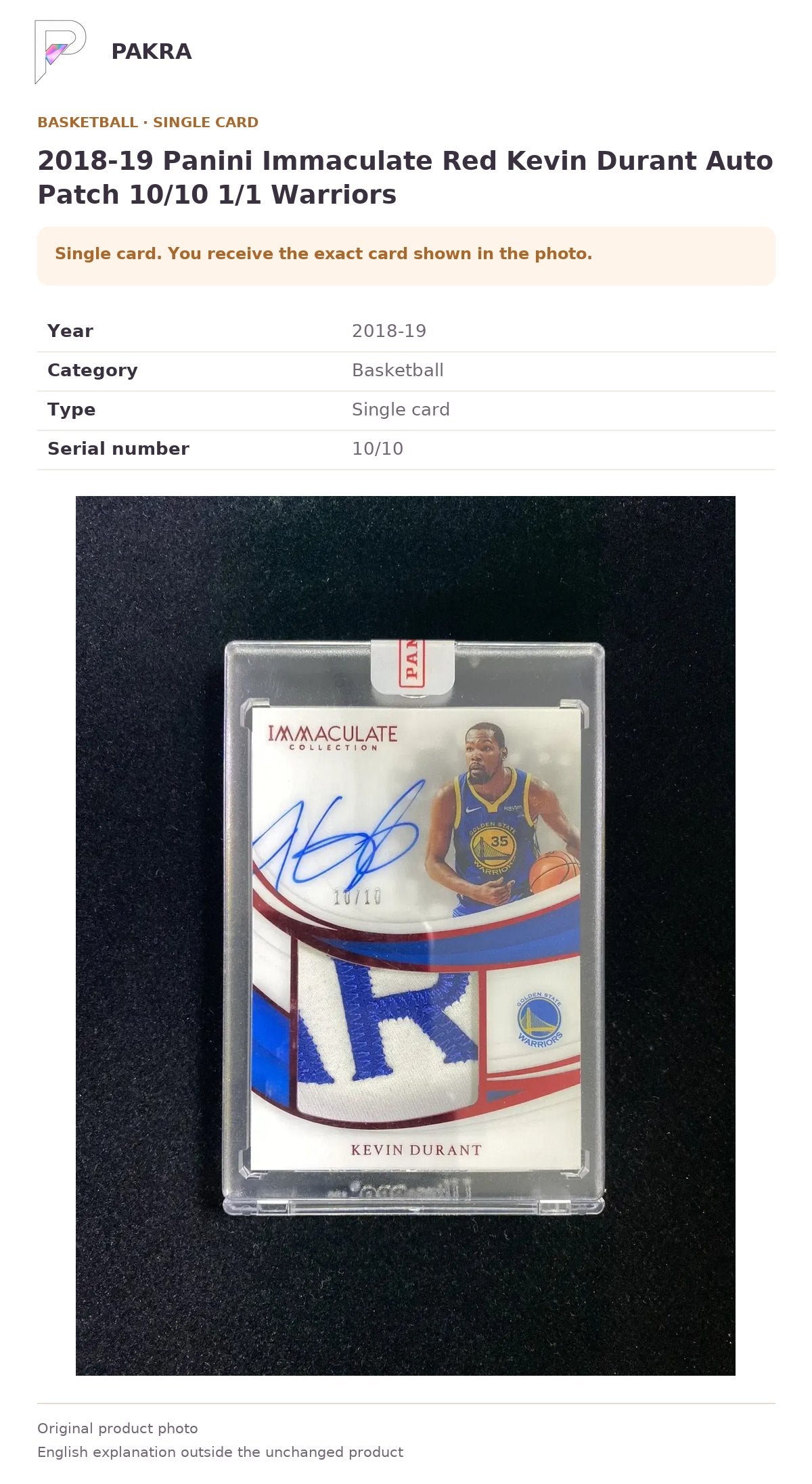 Item details and original photo for 2018-19 Panini Immaculate Red Kevin Durant Auto Patch 10/10 1/1 Warriors.