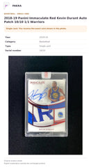 Item details and original photo for 2018-19 Panini Immaculate Red Kevin Durant Auto Patch 10/10 1/1 Warriors.
