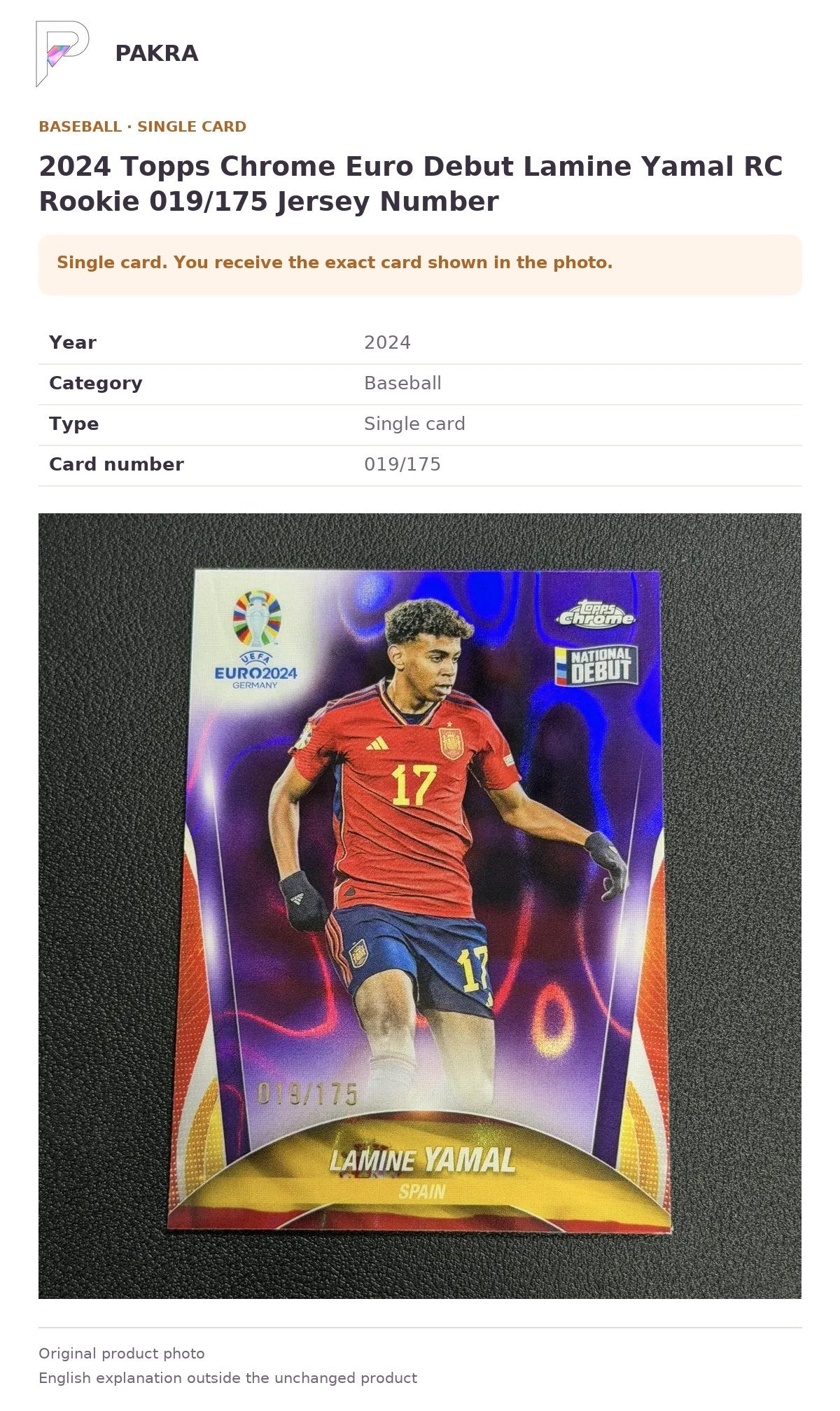 Item details and original photo for 2024 Topps Chrome Euro Debut Lamine Yamal RC Rookie 019/175 Jersey Number.