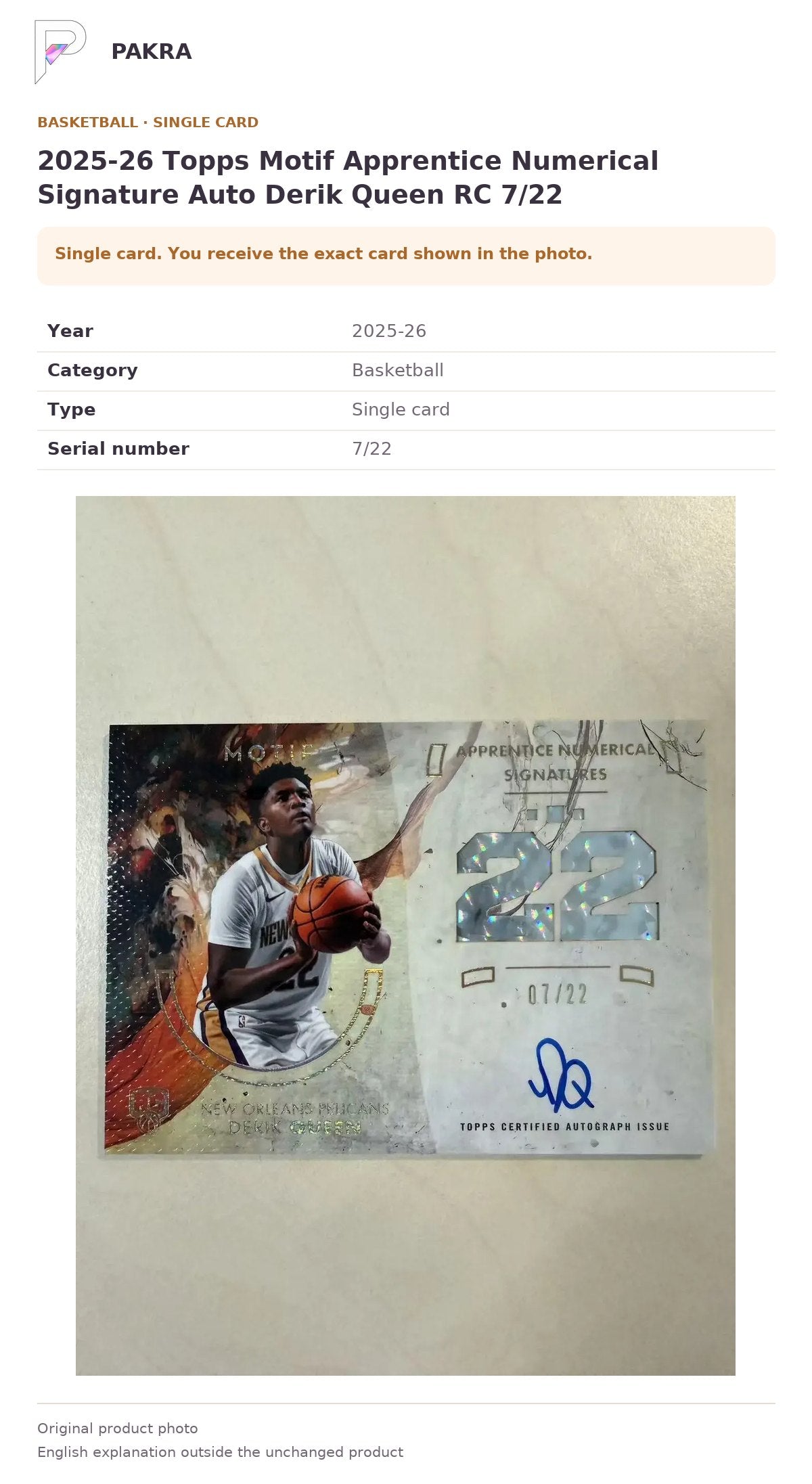 Item details and original photo for 2025-26 Topps Motif Apprentice Numerical Signature Auto Derik Queen RC 7/22.
