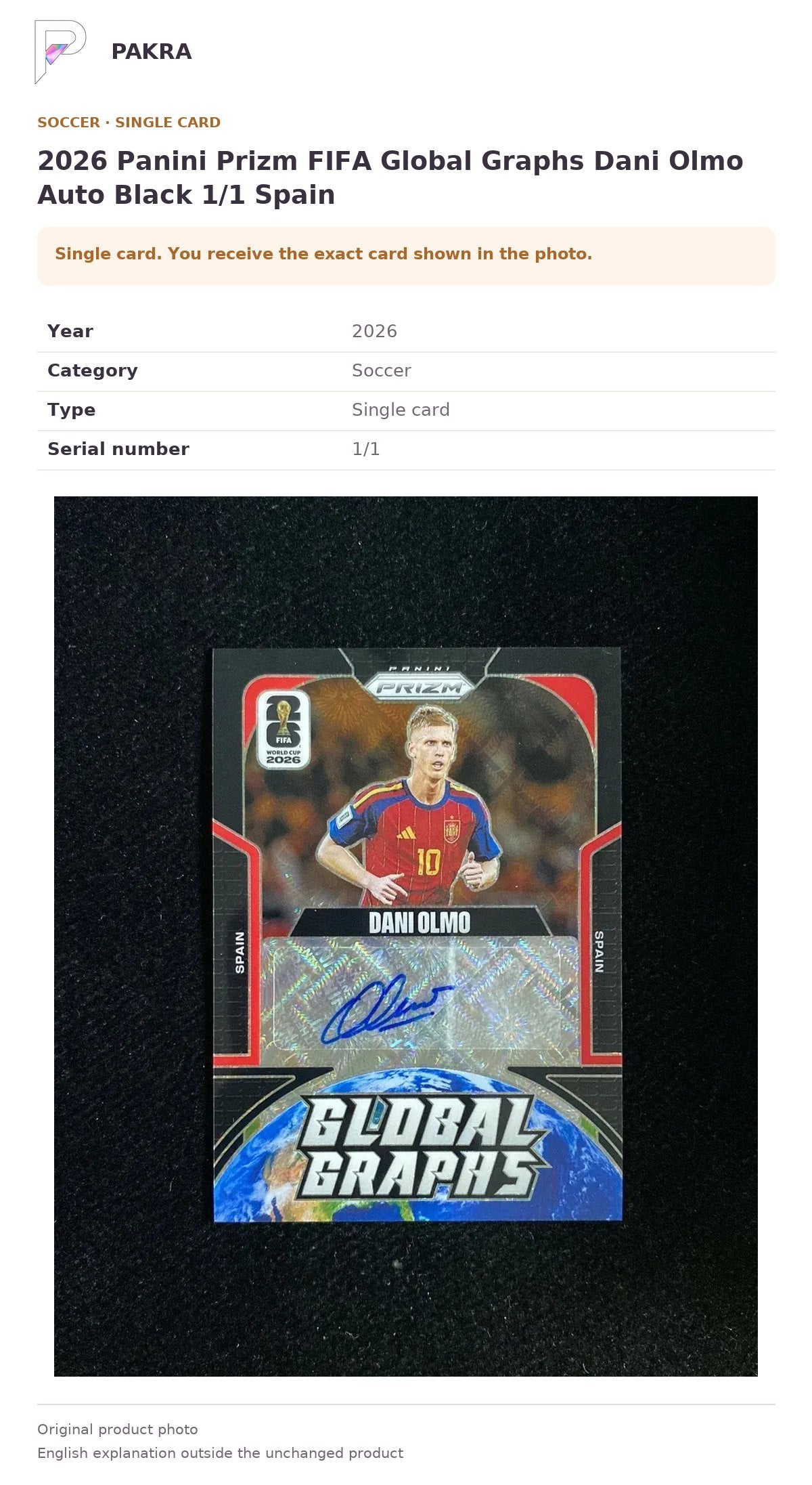 Item details and original photo for 2026 Panini Prizm FIFA Global Graphs Dani Olmo Auto Black 1/1 Spain.