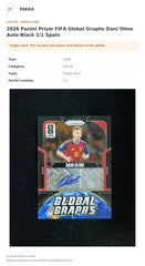 Item details and original photo for 2026 Panini Prizm FIFA Global Graphs Dani Olmo Auto Black 1/1 Spain.