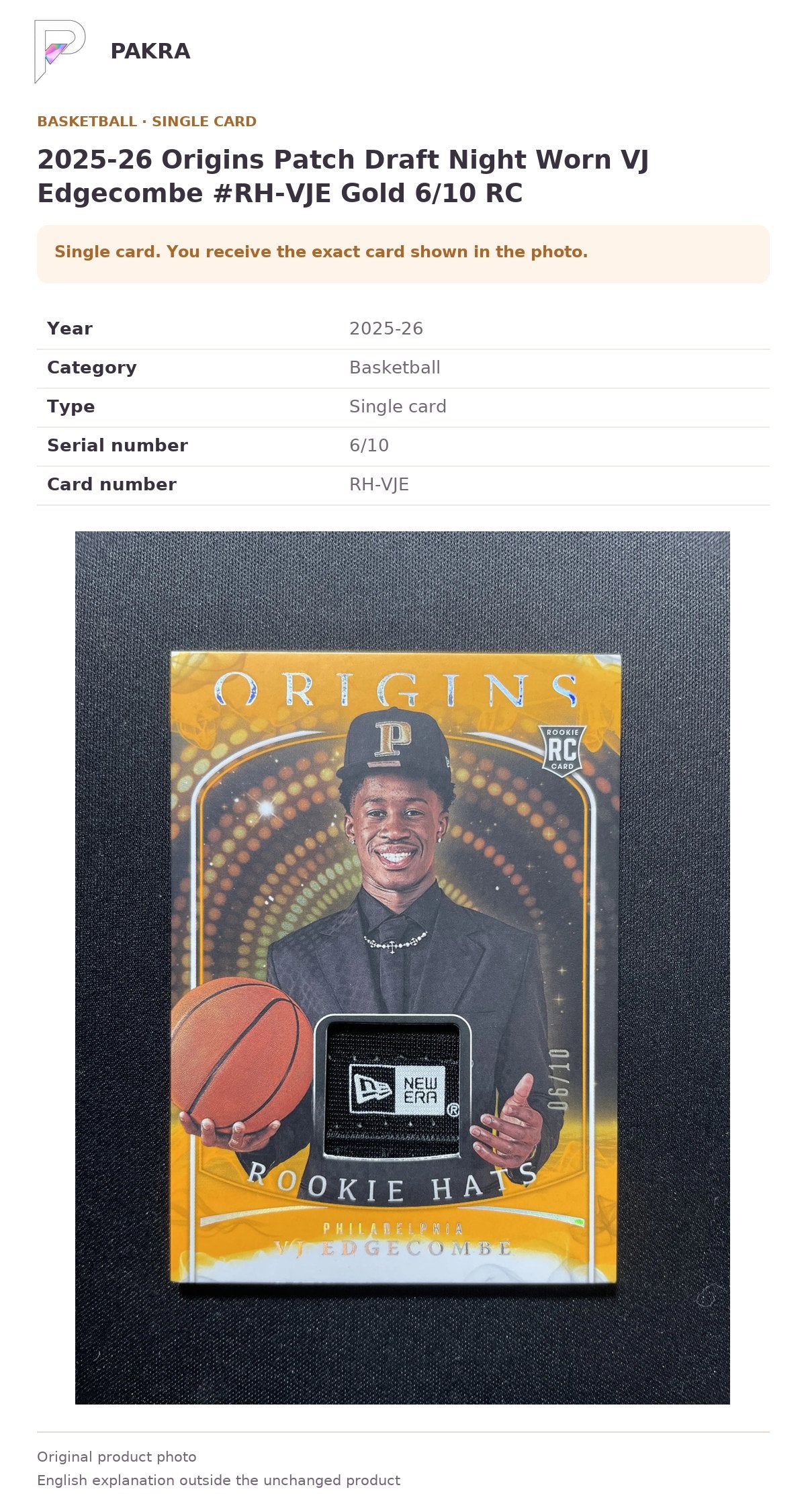 Item details and original photo for 2025-26 Origins Patch Draft Night Worn VJ Edgecombe #RH-VJE Gold 6/10 RC.