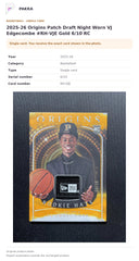 Item details and original photo for 2025-26 Origins Patch Draft Night Worn VJ Edgecombe #RH-VJE Gold 6/10 RC.