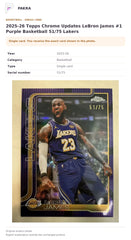 Item details and original photo for 2025-26 Topps Chrome Updates LeBron James #1 Purple Basketball 51/75 Lakers.