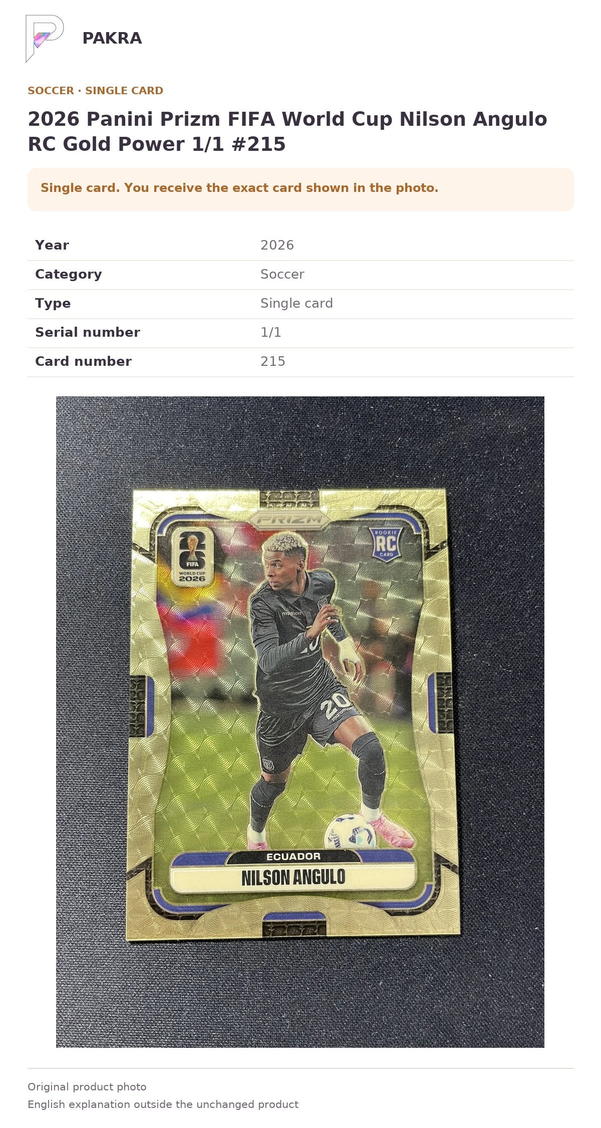 Item details and original photo for 2026 Panini Prizm FIFA World Cup Nilson Angulo RC Gold Power 1/1 #215.