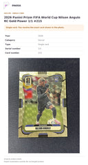 Item details and original photo for 2026 Panini Prizm FIFA World Cup Nilson Angulo RC Gold Power 1/1 #215.