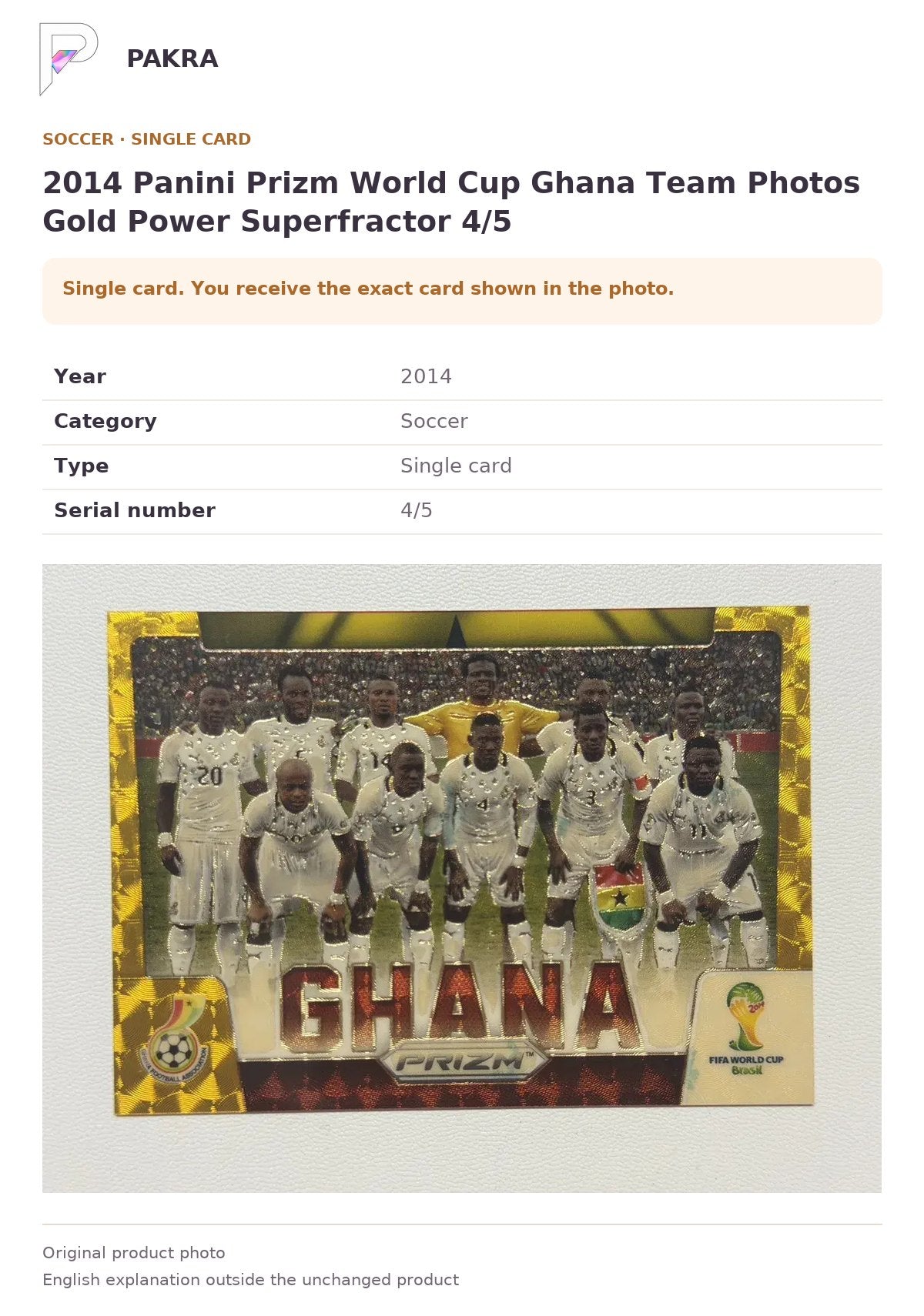 Item details and original photo for 2014 Panini Prizm World Cup Ghana Team Photos Gold Power Superfractor 4/5.
