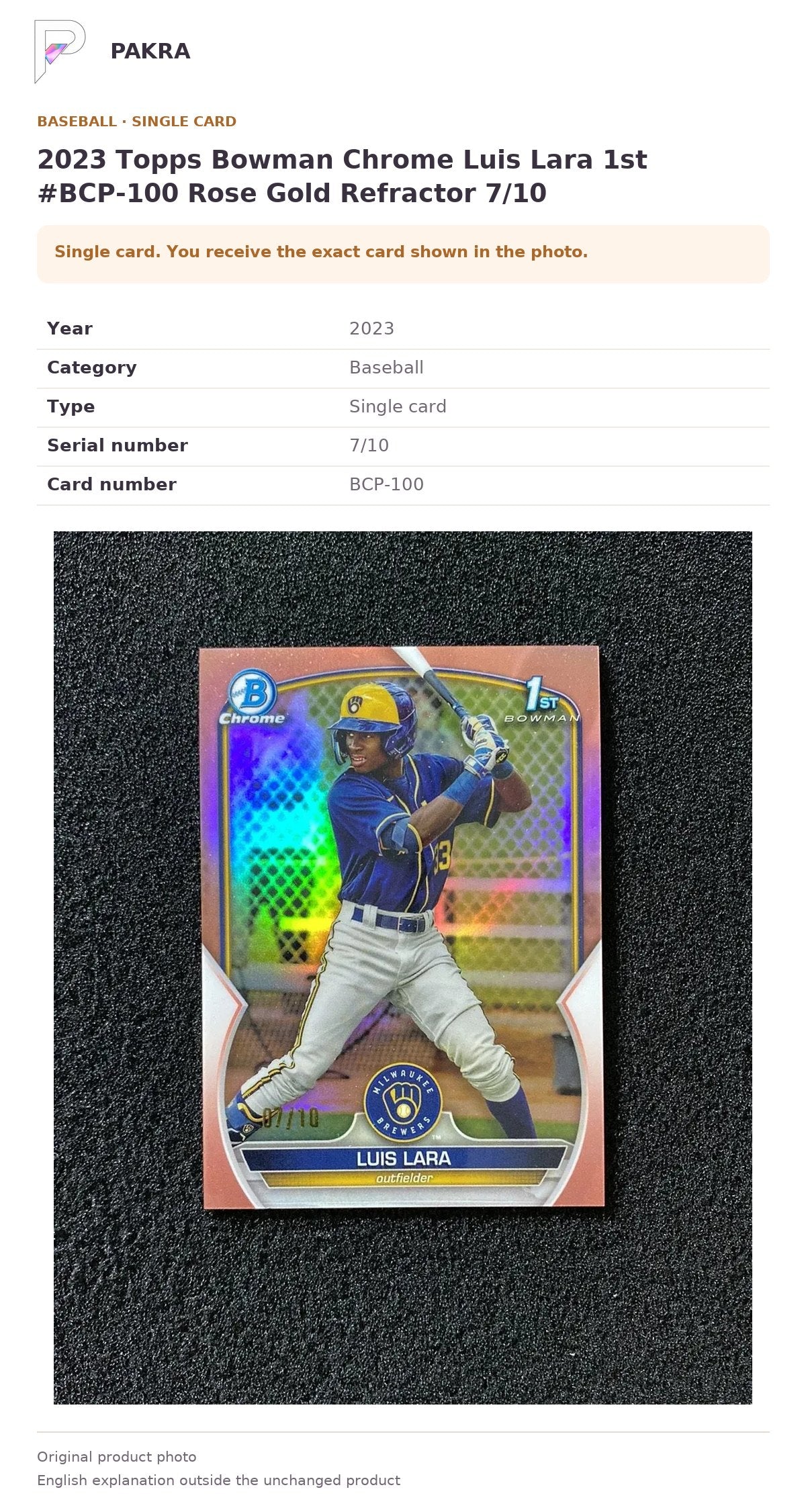 Item details and original photo for 2023 Topps Bowman Chrome Luis Lara 1st #BCP-100 Rose Gold Refractor 7/10.