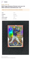 Item details and original photo for 2023 Topps Bowman Chrome Luis Lara 1st #BCP-100 Rose Gold Refractor 7/10.
