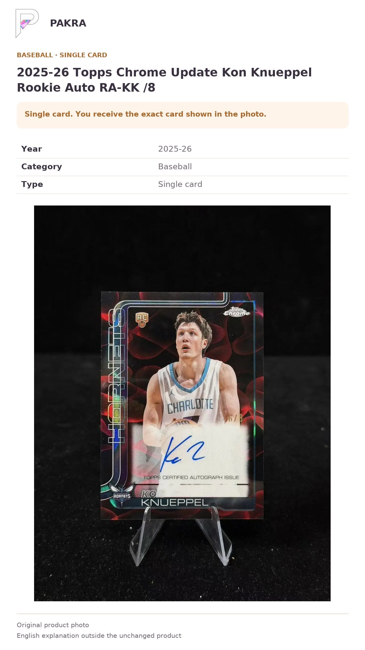 Item details and original photo for 2025-26 Topps Chrome Update Kon Knueppel Rookie Auto RA-KK /8.