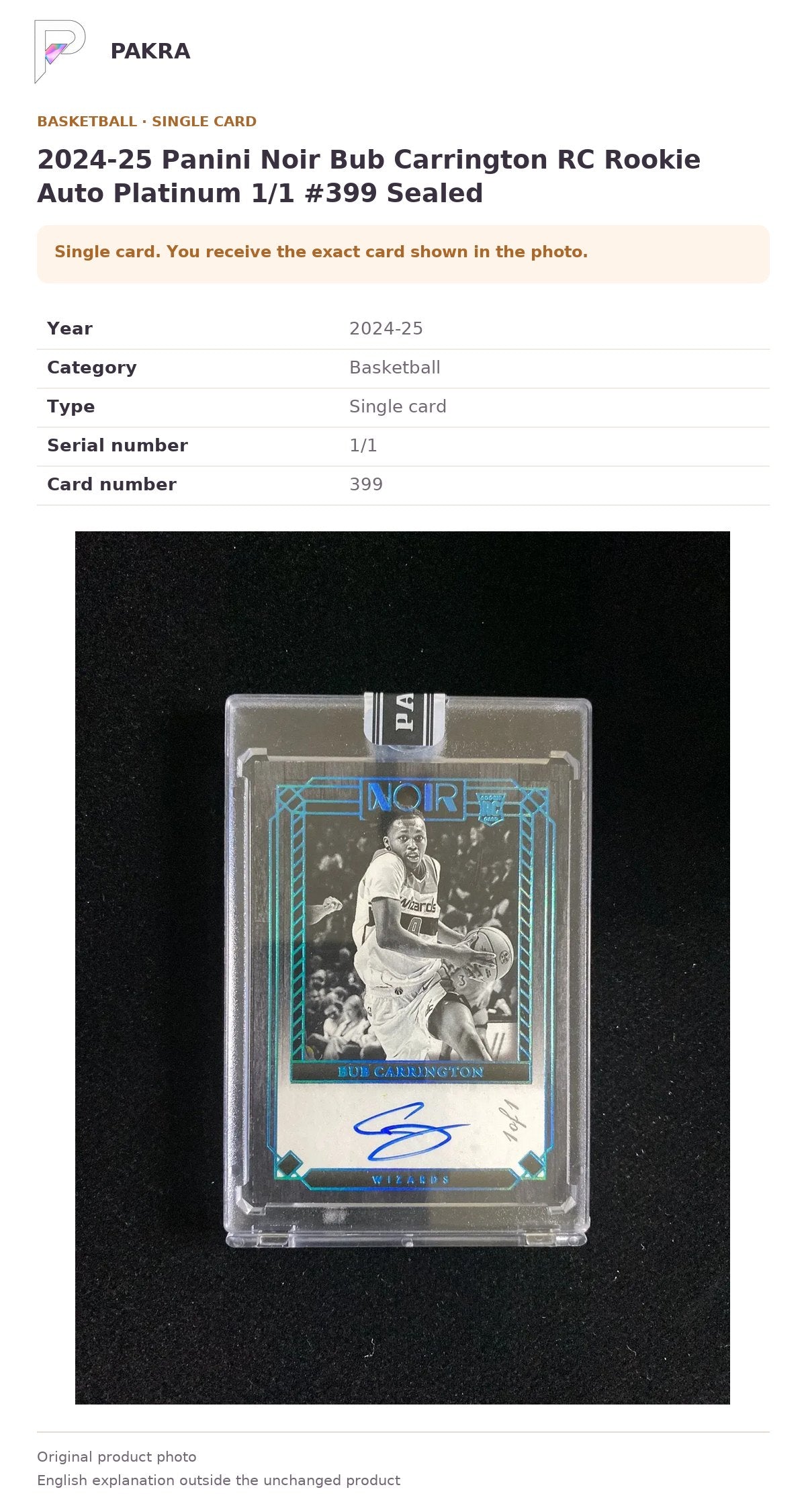 Item details and original photo for 2024-25 Panini Noir Bub Carrington RC Rookie Auto Platinum 1/1 #399 Sealed.