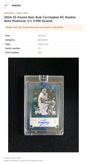 Item details and original photo for 2024-25 Panini Noir Bub Carrington RC Rookie Auto Platinum 1/1 #399 Sealed.