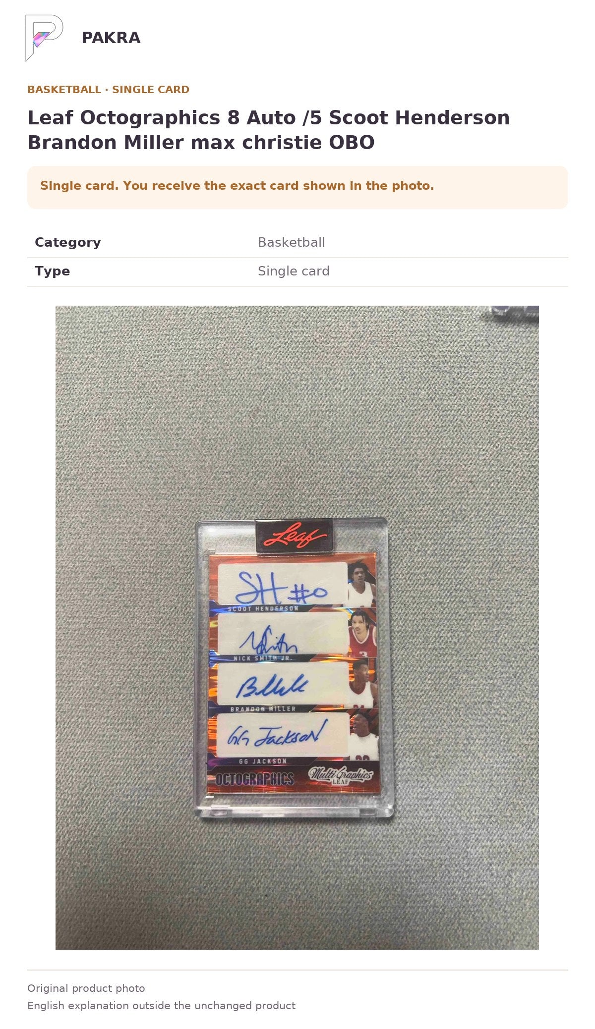 Item details and original photo for Leaf Octographics 8 Auto /5 Scoot Henderson Brandon Miller max christie OBO.