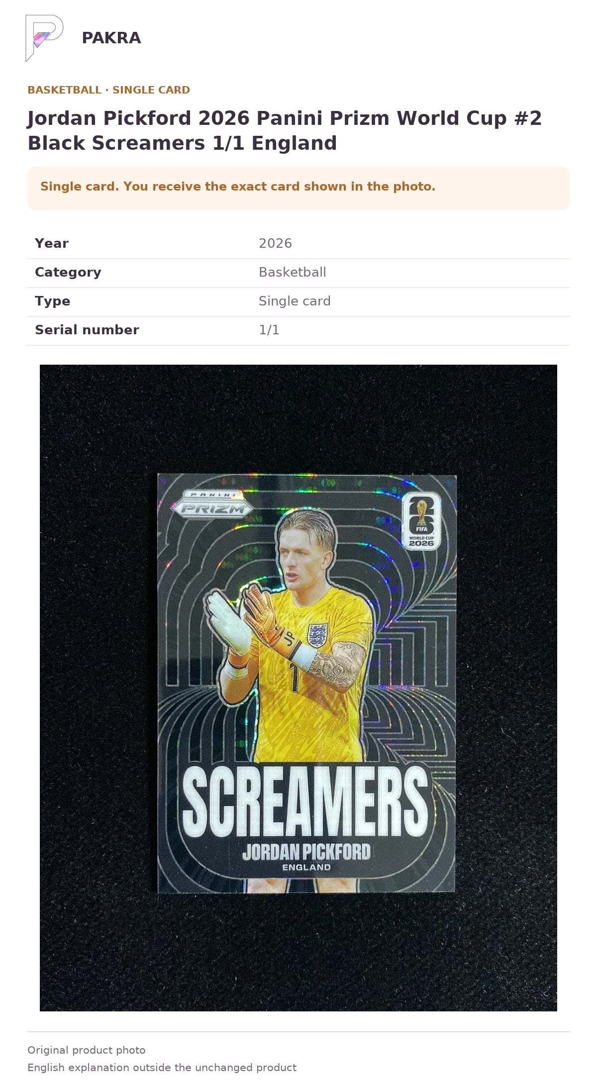 Item details and original photo for Jordan Pickford 2026 Panini Prizm World Cup #2 Black Screamers 1/1 England.