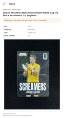 Item details and original photo for Jordan Pickford 2026 Panini Prizm World Cup #2 Black Screamers 1/1 England.