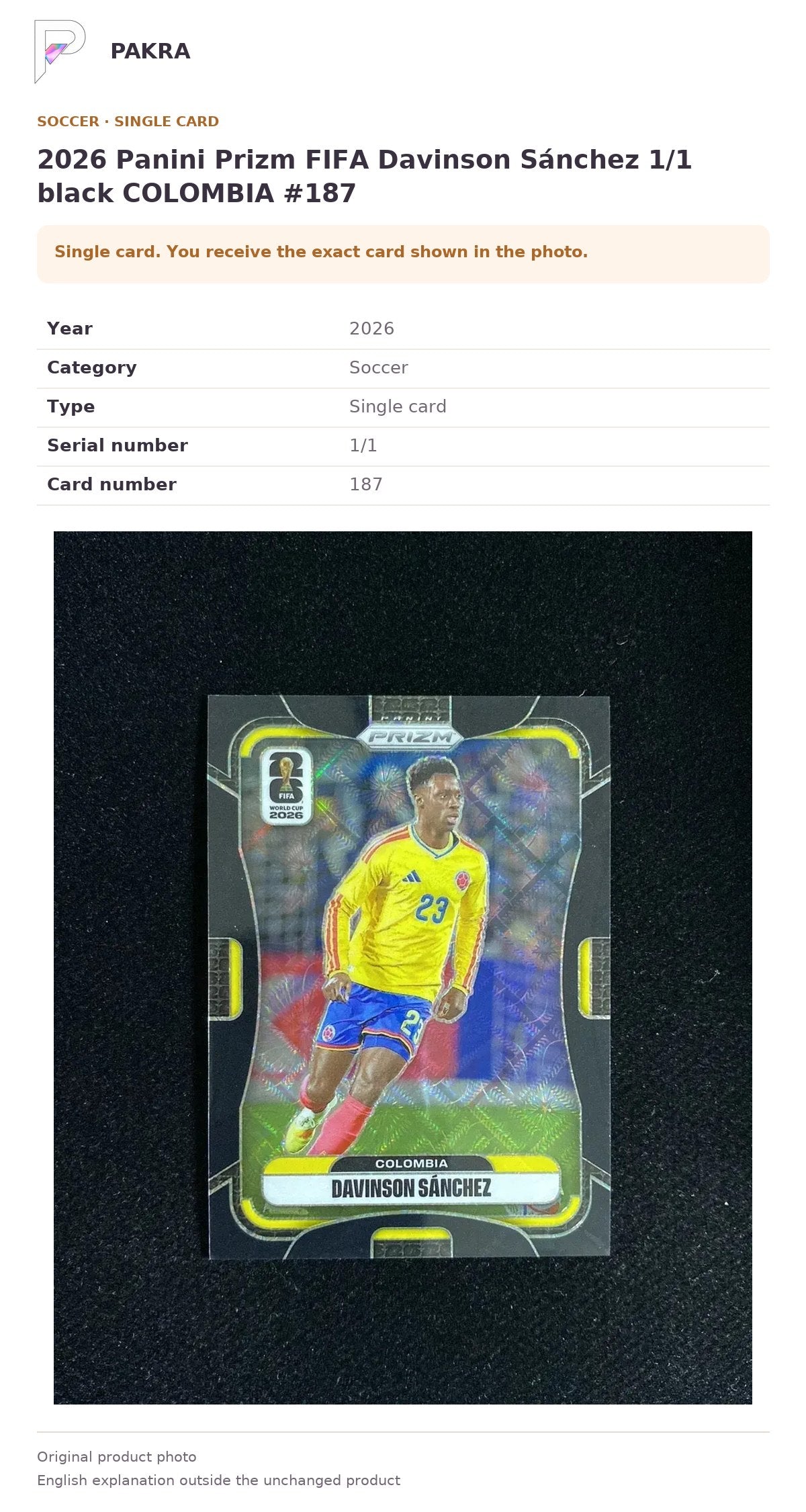 Item details and original photo for 2026 Panini Prizm FIFA Davinson Sánchez 1/1 black COLOMBIA #187.