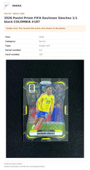 Item details and original photo for 2026 Panini Prizm FIFA Davinson Sánchez 1/1 black COLOMBIA #187.