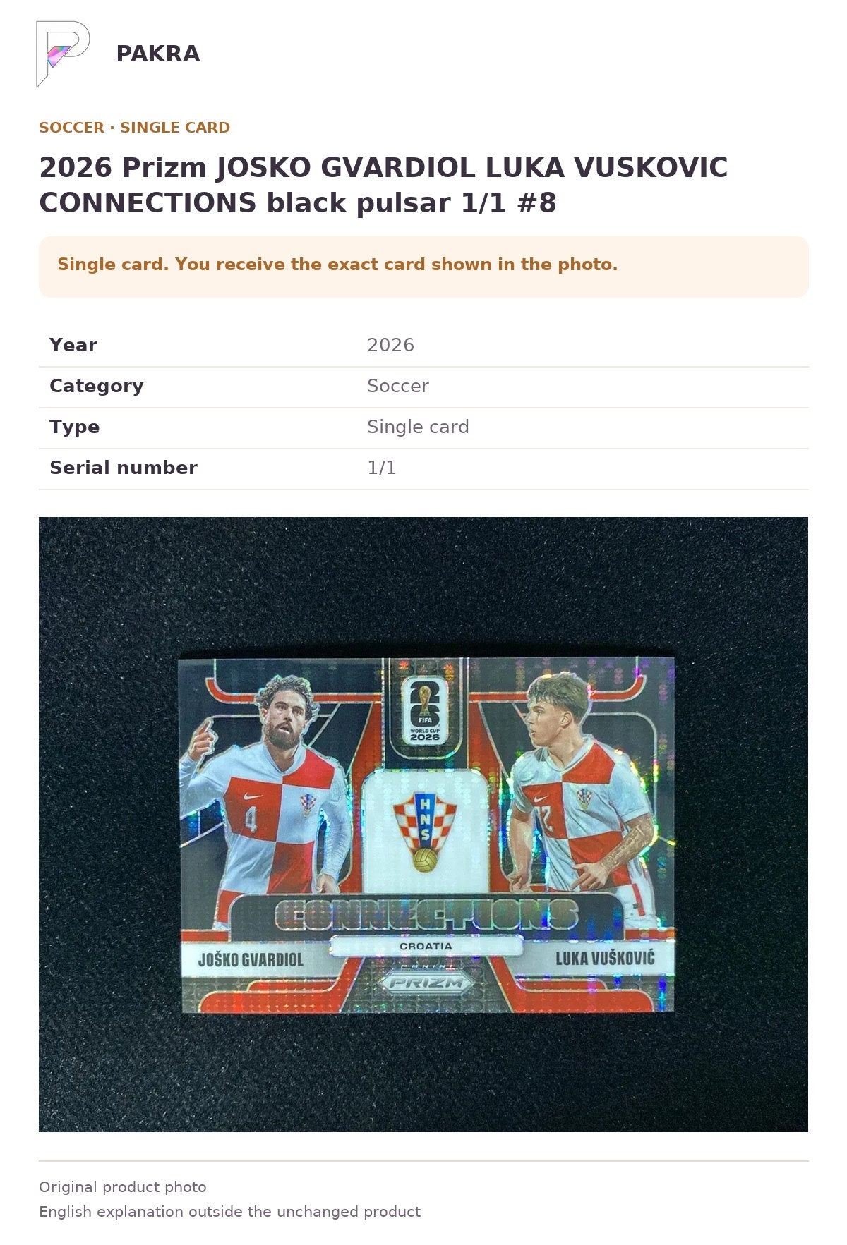 Item details and original photo for 2026 Prizm JOSKO GVARDIOL LUKA VUSKOVIC CONNECTIONS black pulsar 1/1 #8.