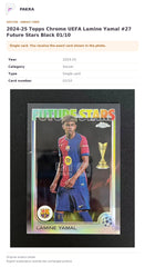 Item details and original photo for 2024-25 Topps Chrome UEFA Lamine Yamal #27 Future Stars Black 01/10.