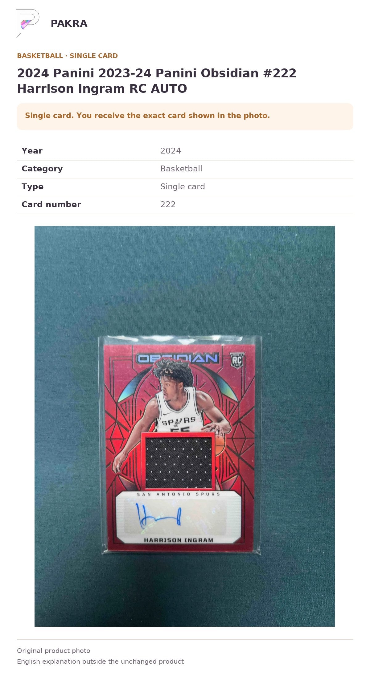 Item details and original photo for 2024 Panini 2023-24 Panini Obsidian #222 Harrison Ingram RC AUTO.