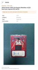 Item details and original photo for 2024 Panini 2023-24 Panini Obsidian #222 Harrison Ingram RC AUTO.