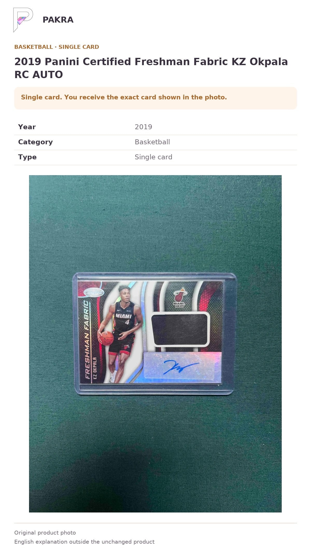 Item details and original photo for 2019 Panini Certified Freshman Fabric KZ Okpala RC AUTO.