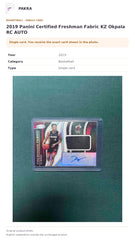 Item details and original photo for 2019 Panini Certified Freshman Fabric KZ Okpala RC AUTO.