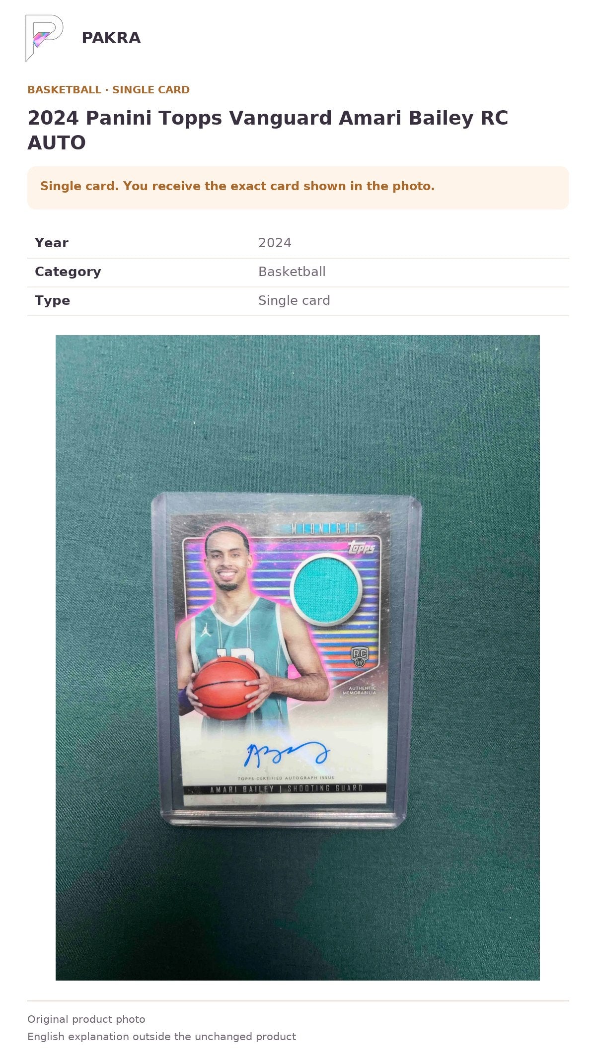 Item details and original photo for 2024 Panini Topps Vanguard Amari Bailey RC AUTO.