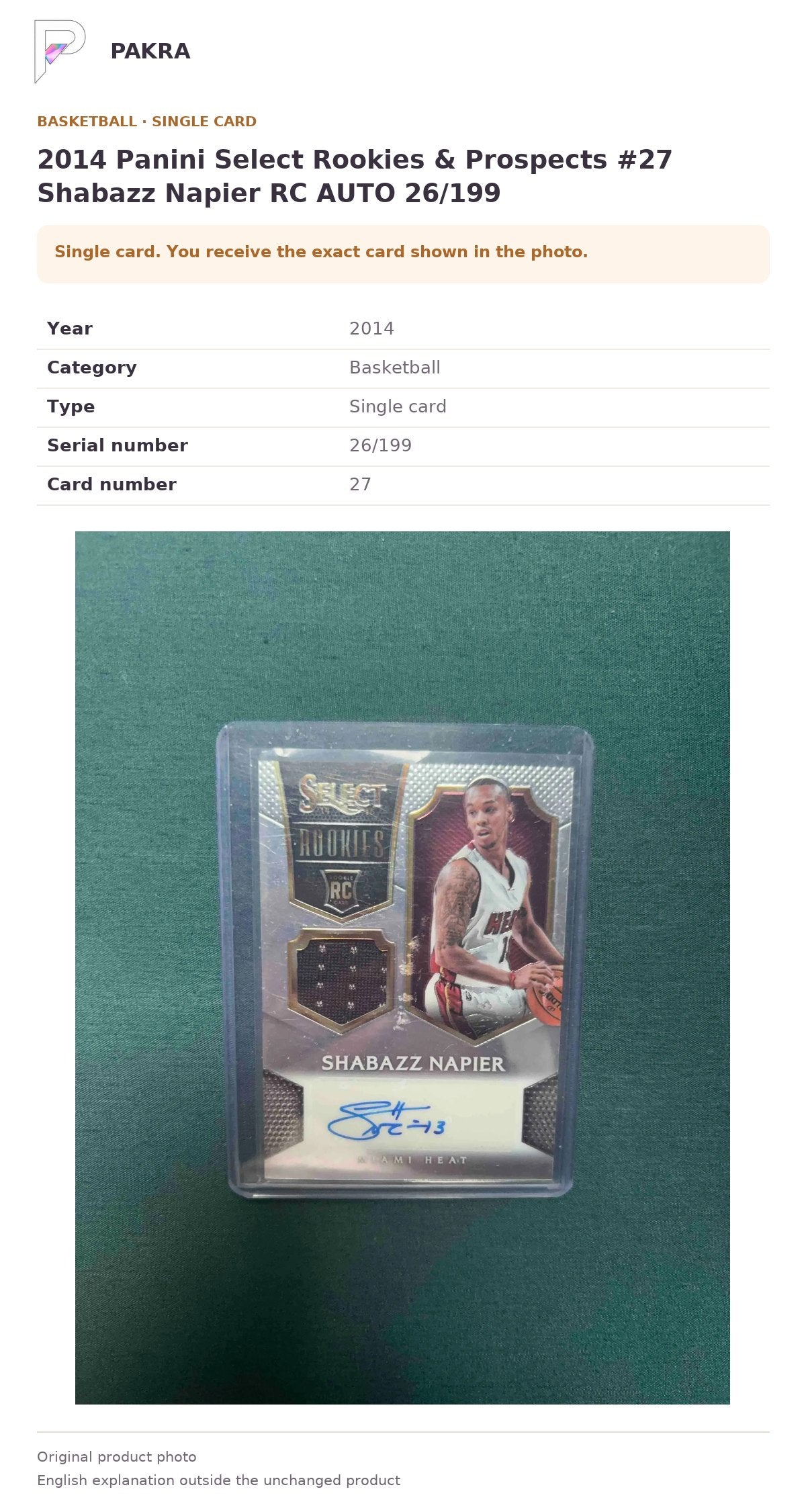 Item details and original photo for 2014 Panini Select Rookies & Prospects #27 Shabazz Napier RC AUTO 26/199.