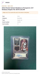 Item details and original photo for 2014 Panini Select Rookies & Prospects #27 Shabazz Napier RC AUTO 26/199.